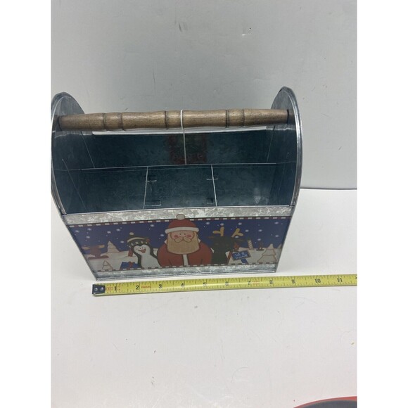 Tin Box Company Santa and Penguin Utensil Caddy Holder Dinner Party Dented Tags - Picture 6 of 13